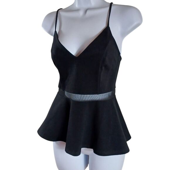 Lulus Black Peplum Mesh Waist Spaghetti Strap Top Sz S USA Sexy Cocktail Blouse - Picture 3 of 9